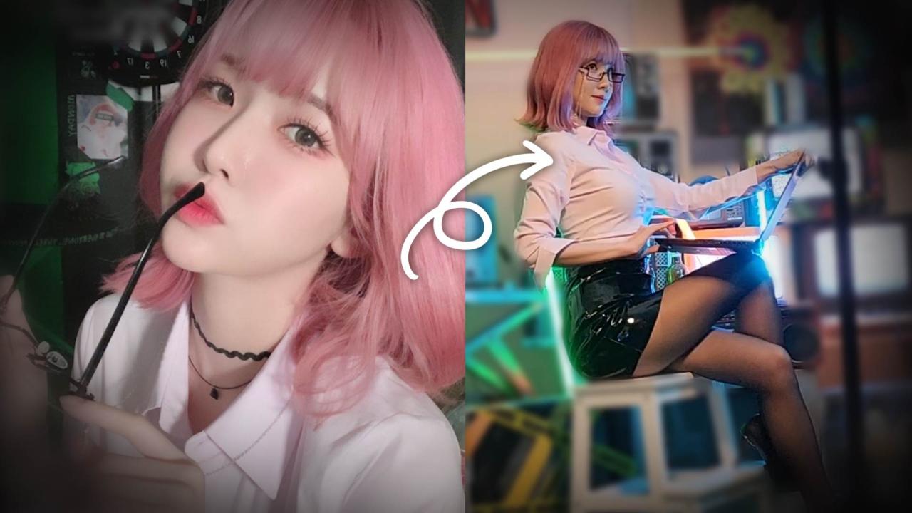 핑크 + 검스 + 셔츠 + 가죽치마 + 초커 + 갓경 =